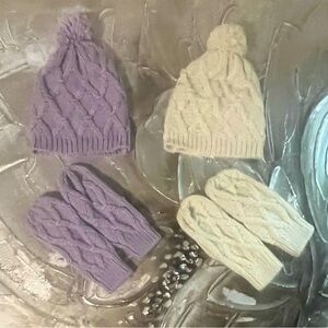 2 Pairs Of Boho Chic Knitted Mitten Gloves & Matching Hats In Beige & Lavender